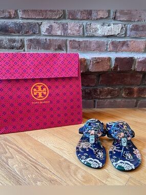 Tory Burch Happy Times Navy Floral Printed Tumbled Leather Miller Sandals